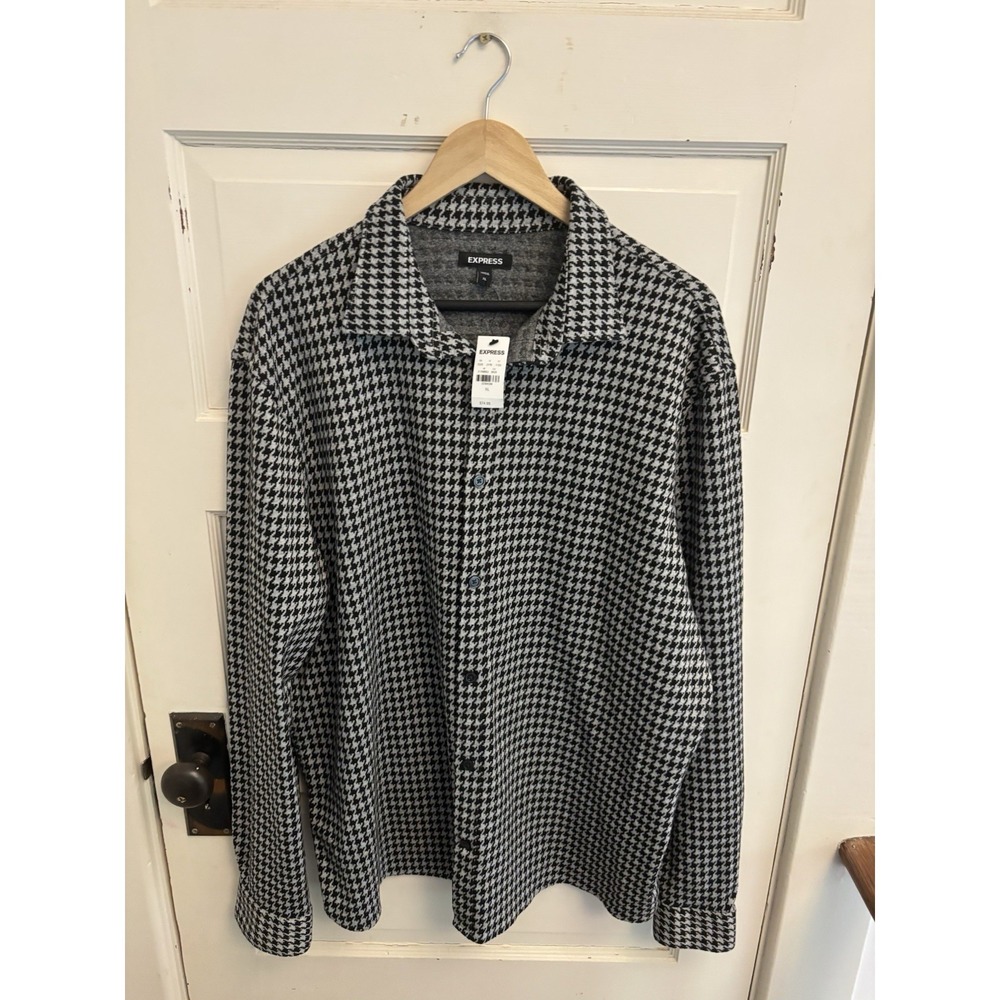 Express Men's Black Houndstooth Button Down Dress Long‎ Sleeve Shirt New $74.95